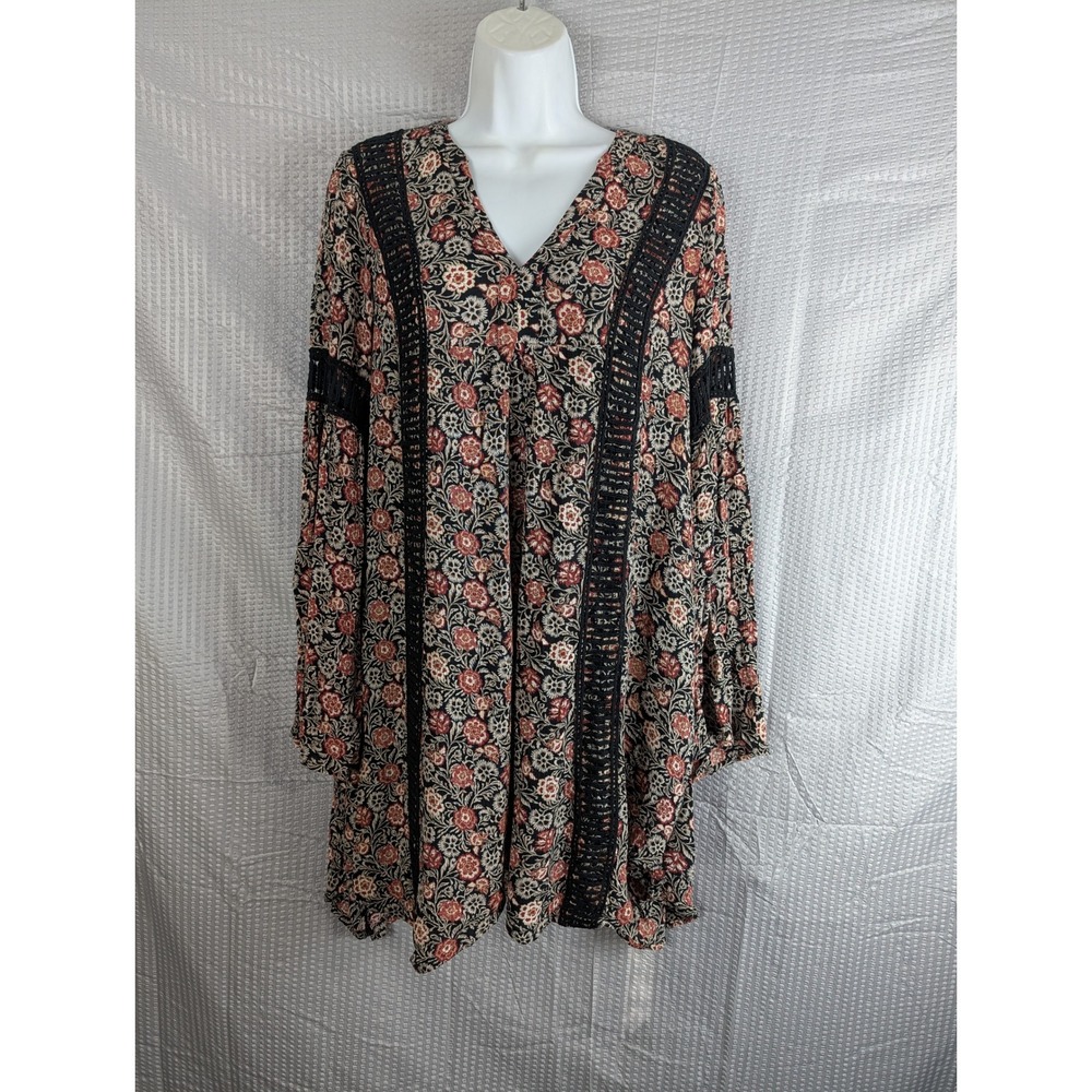 Knox Rose Floral Boho Mini Dress Tunic Black Red Crochet Lace Bell Sleeve Small